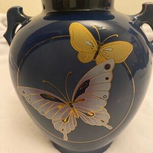 Blue Vase with Gold Butterfly Design made in Japan